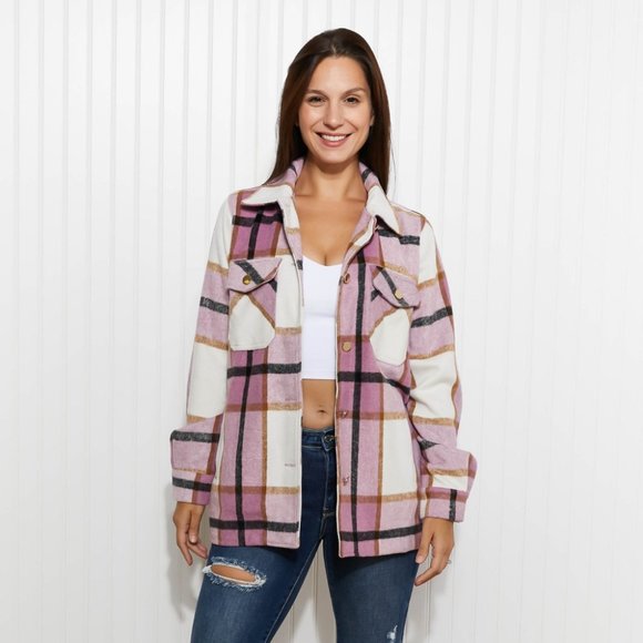 Zenana Outfitters Other - Zenana Fall Break Plaid Shacket Pink